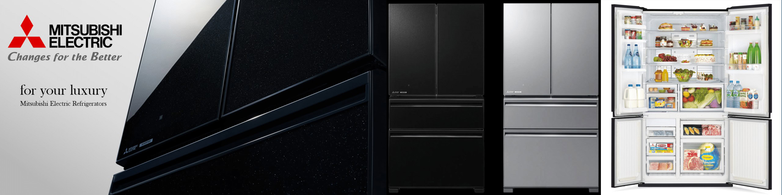 Smooth black Mitsubishi Electric refrigerator with spacious interior for food preservation and frozen goods. Ideal for modern kitchens and luxury home appliances.