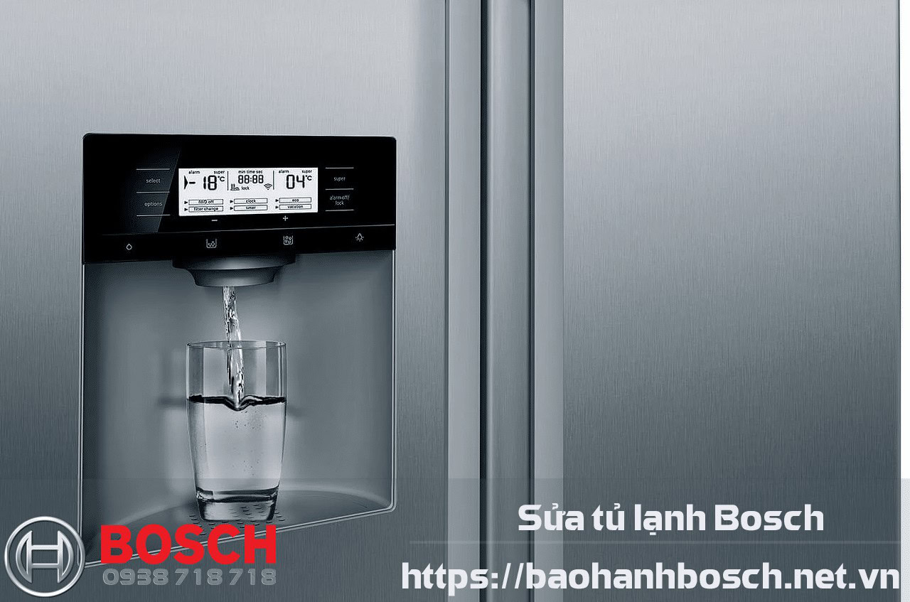 Silhouette of a modern stainless steel Bosch refrigerator with a water and ice dispenser for home appliance maintenance and repair services.