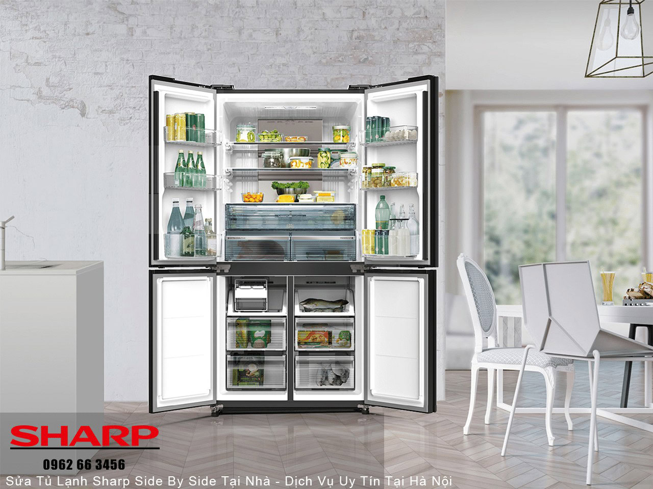 Refrigerator with open doors showcasing interior storage and food organization.