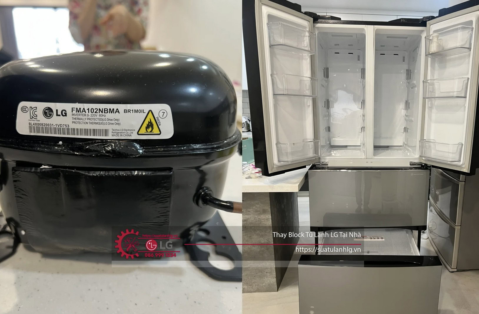 High-quality LG refrigerator compressor and open double-door cooling appliance, features sleek stainless steel finish, LED lighting, and spacious interior for optimal food storage. Perfect for home refrigeration needs.